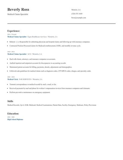 Medical Claims Specialist Resume