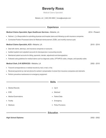 Medical Claims Specialist Resume