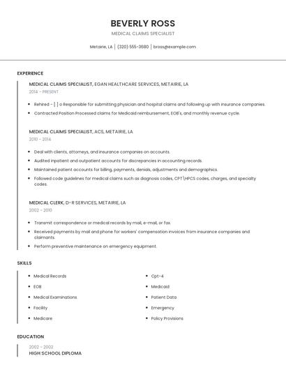 Medical Claims Specialist Resume