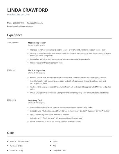 Medical Dispatcher Resume