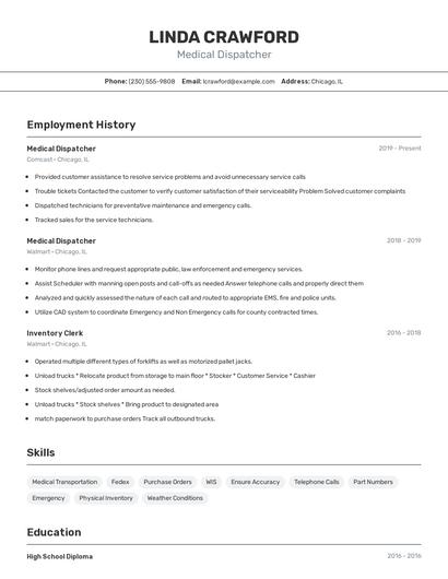 Medical Dispatcher Resume