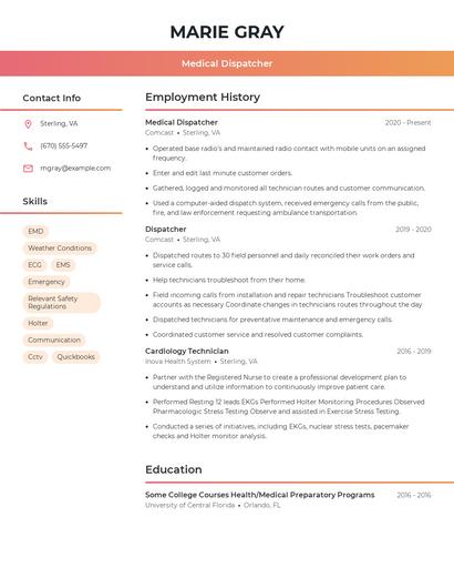 Medical Dispatcher Resume