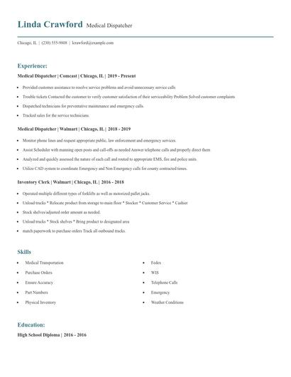 Medical Dispatcher Resume
