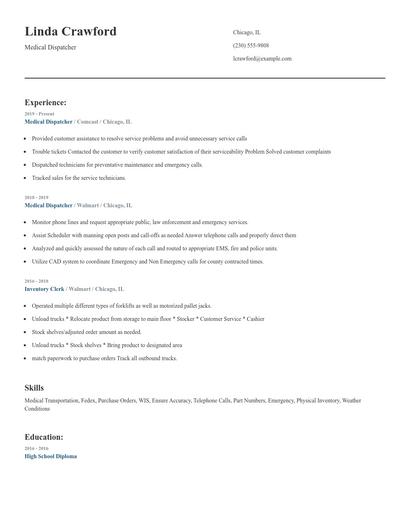 Medical Dispatcher Resume