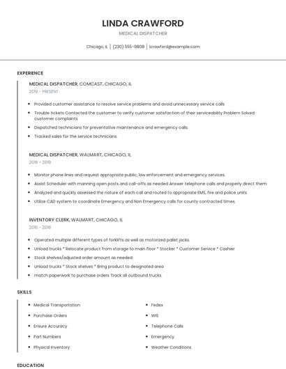 Medical Dispatcher Resume