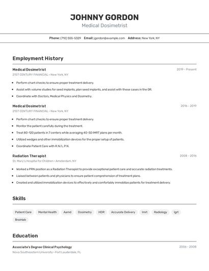 Medical Dosimetrist Resume