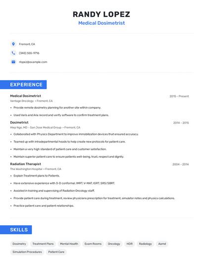 Medical Dosimetrist Resume