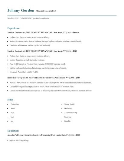 Medical Dosimetrist Resume