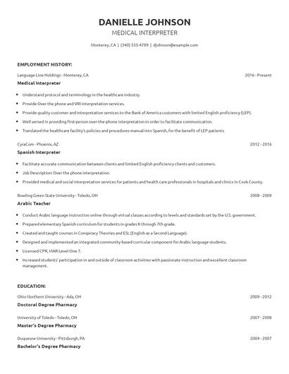 Medical Interpreter Resume