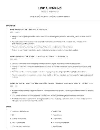 Medical Interpreter Resume