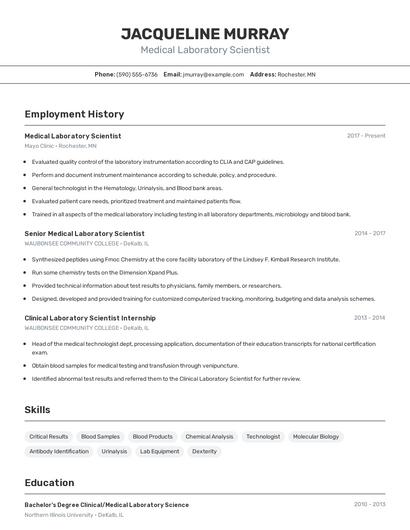 Medical Laboratory Scientist Resume