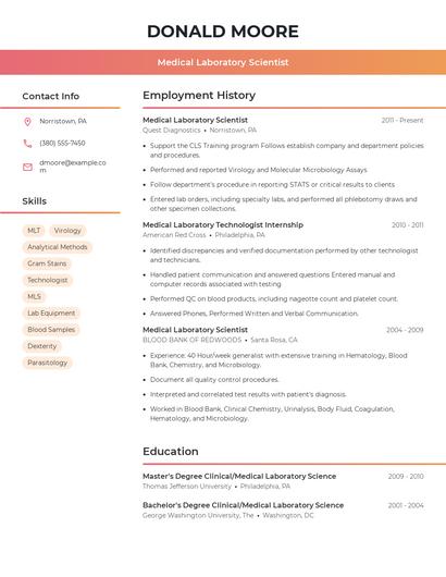 Medical Laboratory Scientist Resume