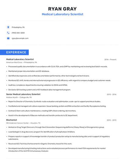 Medical Laboratory Scientist Resume