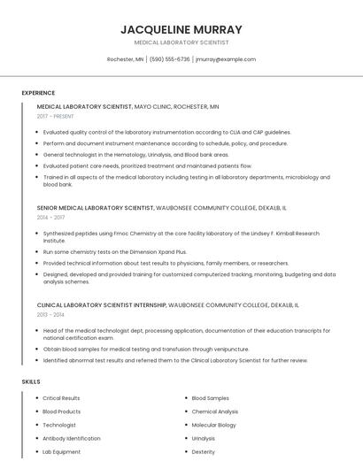 Medical Laboratory Scientist Resume