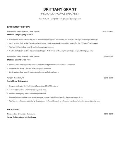 Medical Language Specialist Resume