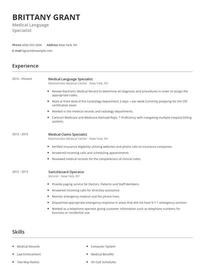 Medical Language Specialist Resume