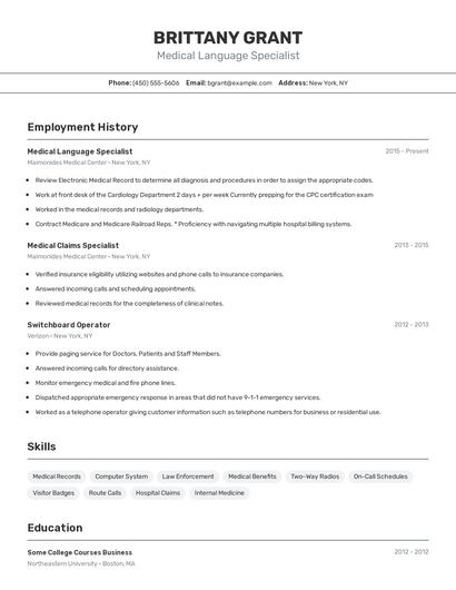 Medical Language Specialist Resume