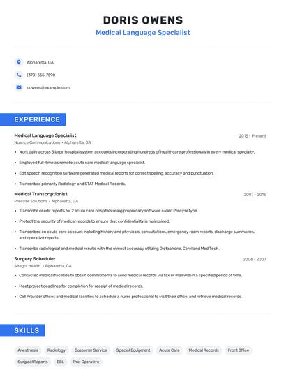 Medical Language Specialist Resume