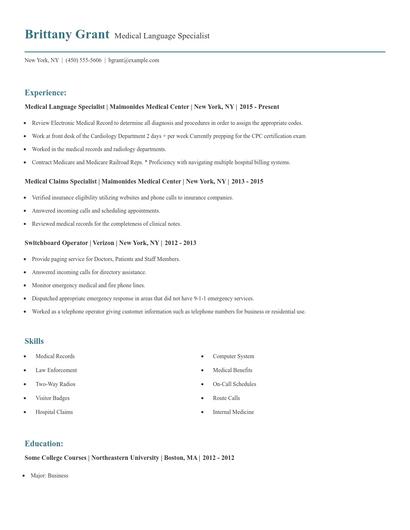 Medical Language Specialist Resume