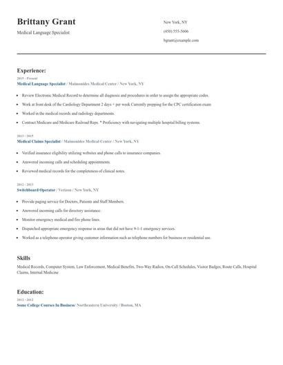 Medical Language Specialist Resume