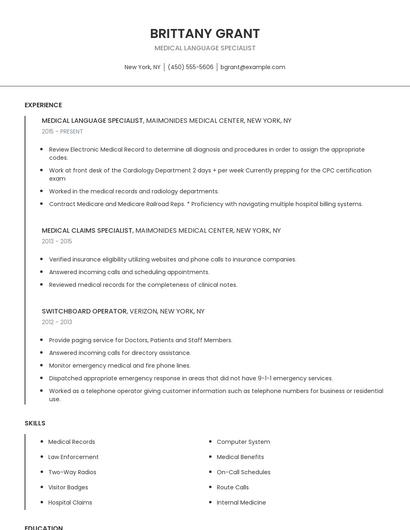 Medical Language Specialist Resume