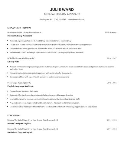 Medical Library Assistant Resume