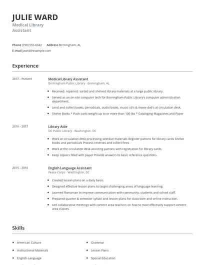 Medical Library Assistant Resume
