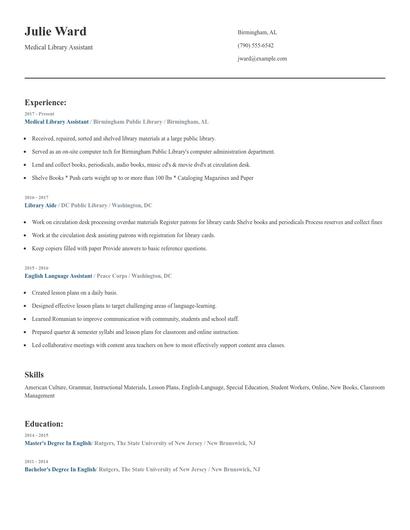 Medical Library Assistant Resume