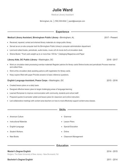 Medical Library Assistant Resume