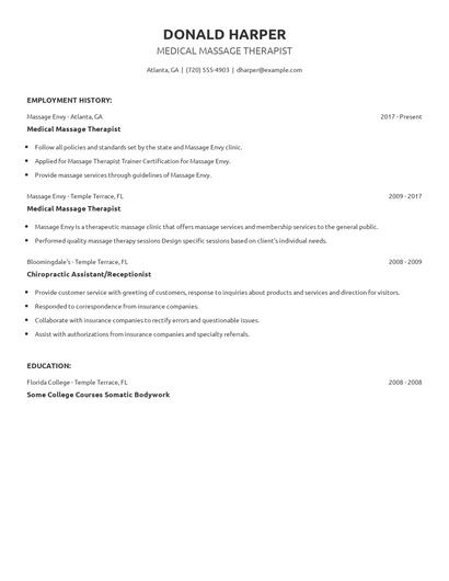 Medical Massage Therapist Resume