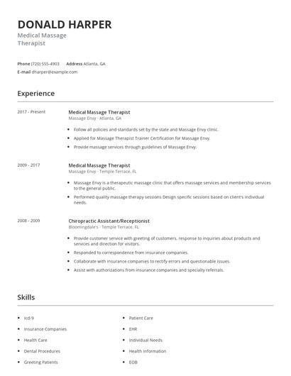 Medical Massage Therapist Resume