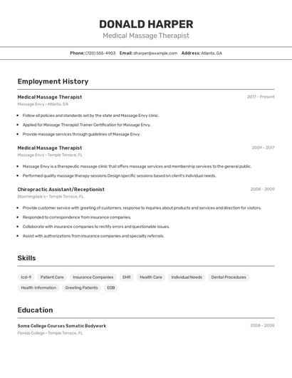 Medical Massage Therapist Resume