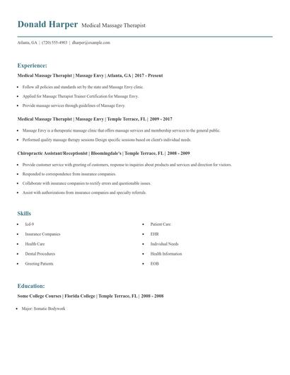 Medical Massage Therapist Resume