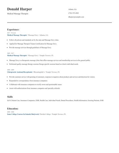 Medical Massage Therapist Resume