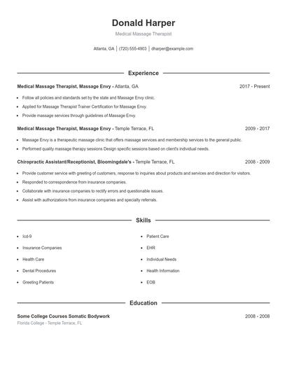 Medical Massage Therapist Resume