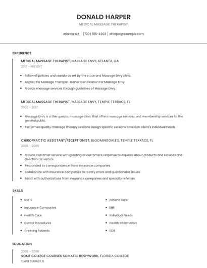 Medical Massage Therapist Resume