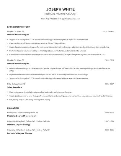 Medical Microbiologist Resume