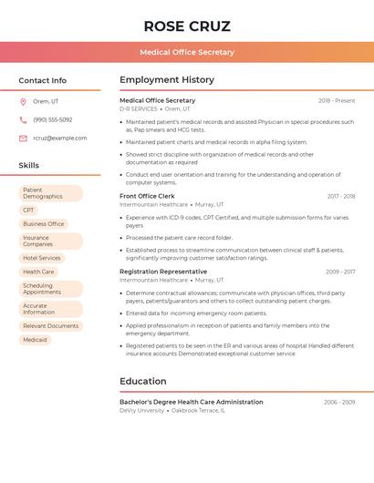 Medical Office Secretary Resume