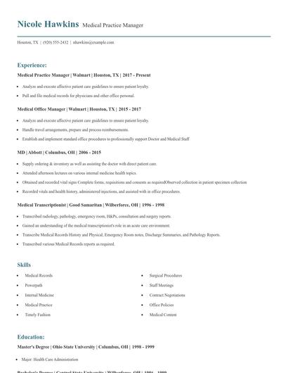 Medical Practice Manager Resume