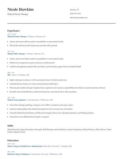 Medical Practice Manager Resume