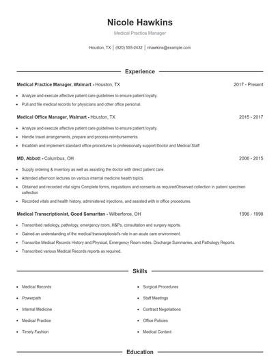 Medical Practice Manager Resume