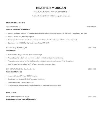 Medical Radiation Dosimetrist Resume