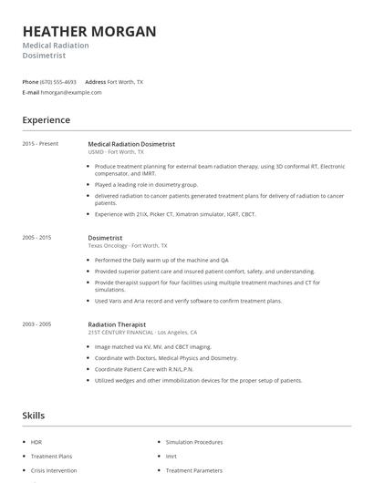 Medical Radiation Dosimetrist Resume