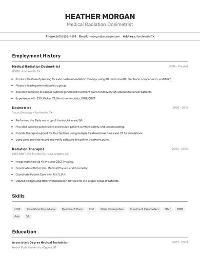 Medical Radiation Dosimetrist Resume