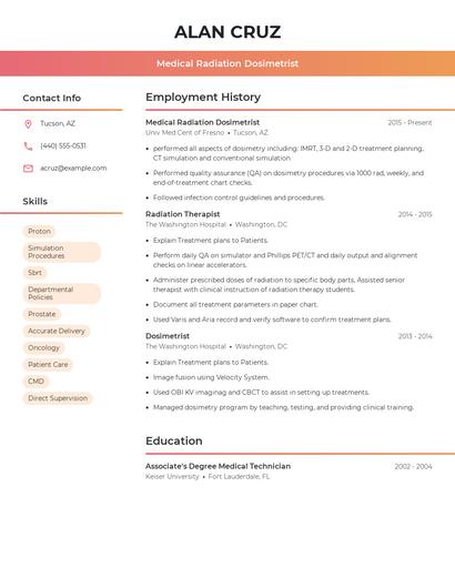 Medical Radiation Dosimetrist Resume