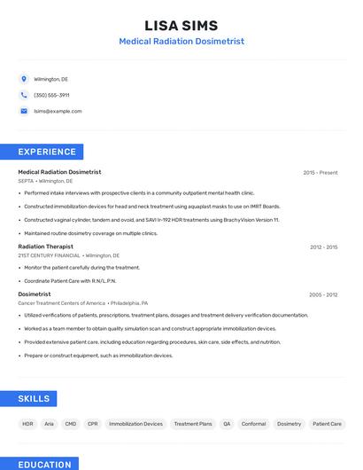 Medical Radiation Dosimetrist Resume