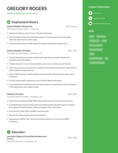 Medical Radiation Dosimetrist Resume