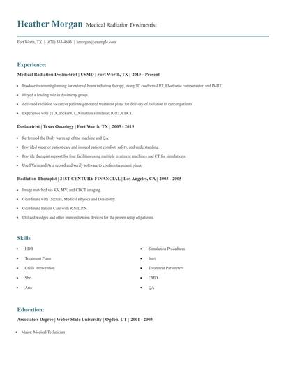 Medical Radiation Dosimetrist Resume