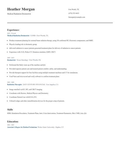 Medical Radiation Dosimetrist Resume