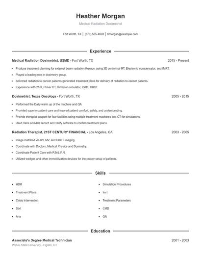 Medical Radiation Dosimetrist Resume
